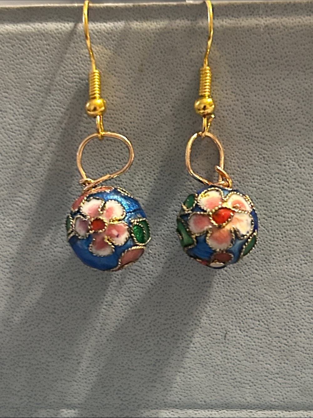 Gold-Tone Blue Floral Cloisonné Drop Earrings